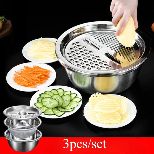 3 in 1 Stainless Steel Vegetable Strainer Slicer Cutter Graters Drain Basket Vegetable Salad Maker Bowl Kitchen Accessories Tool